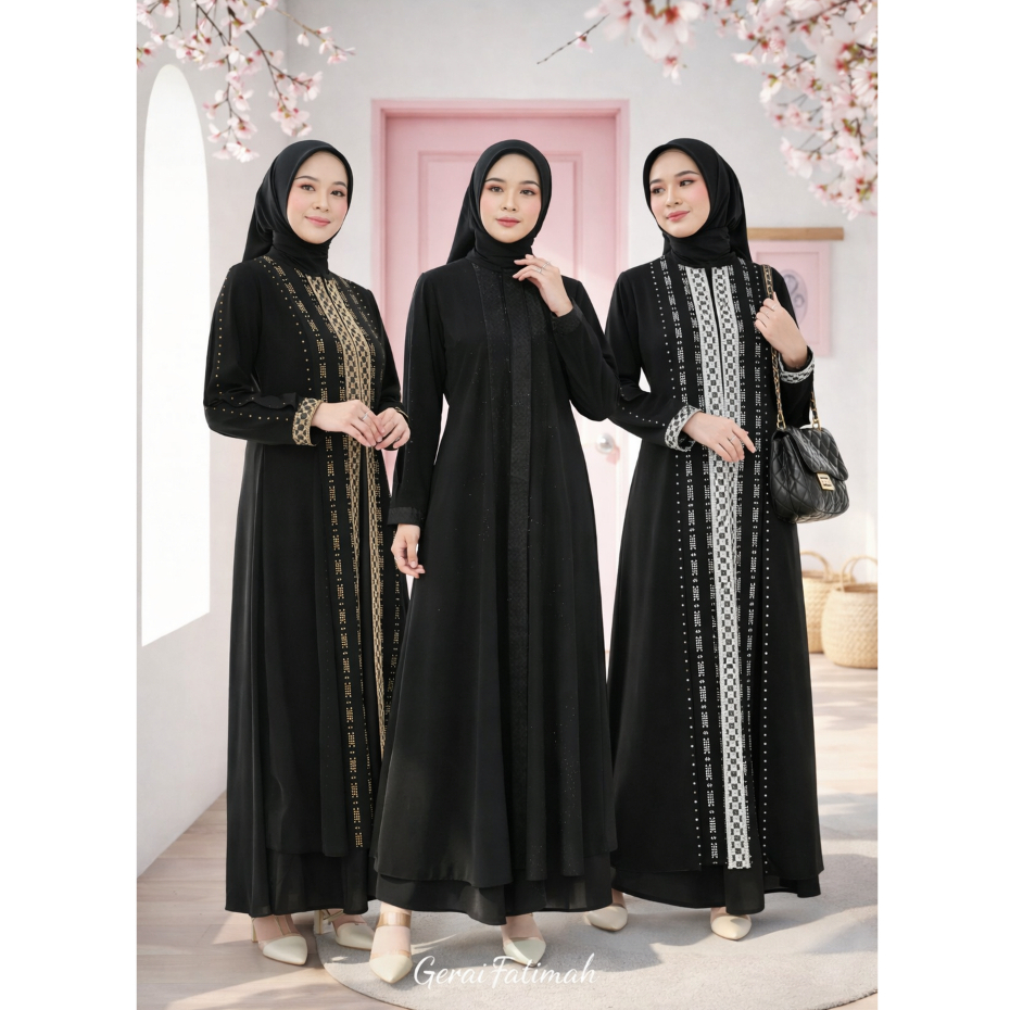 Abaya Hitam Bordir Payet Elegan Gamis Mewah Wanita Remaja Muslimah Cocok Untuk Ibadah Umroh Pengajia