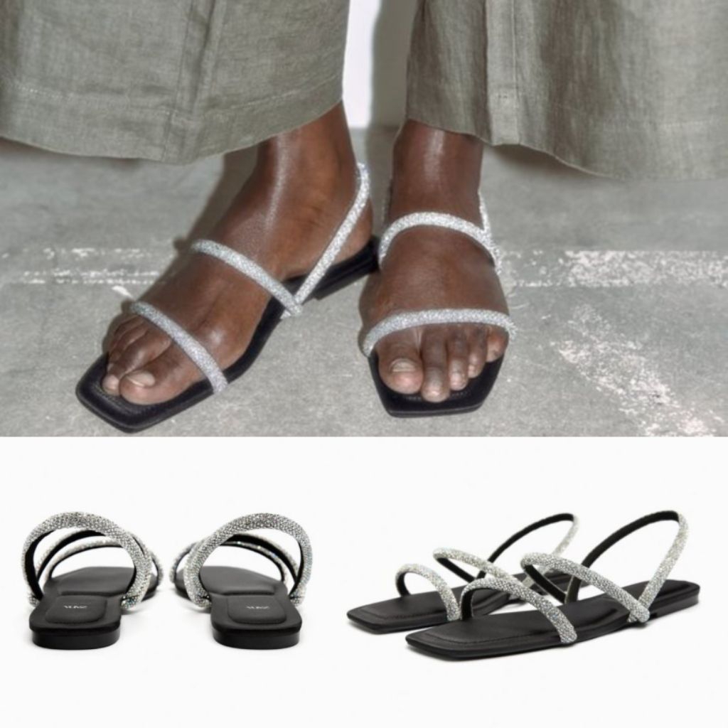 Sandal ZARA Rhinestone Flat Shoes Wanita