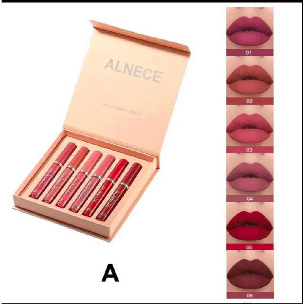 Set Lipstik ALNECE 6 Warna Matte Tahan Air, Melembabkan & Tidak Mudah Luntur