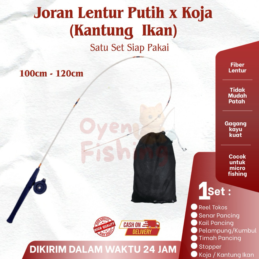 Joran Pancing (Putih) Wader Super Lentur 100-120cm Satu Set + Kantung
