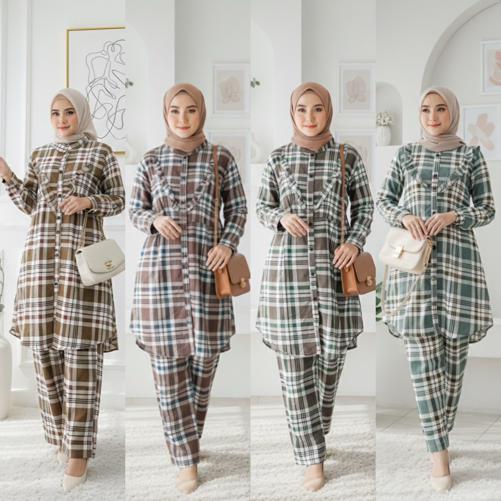 Oneset tunik crinkle crush setelan celana motif