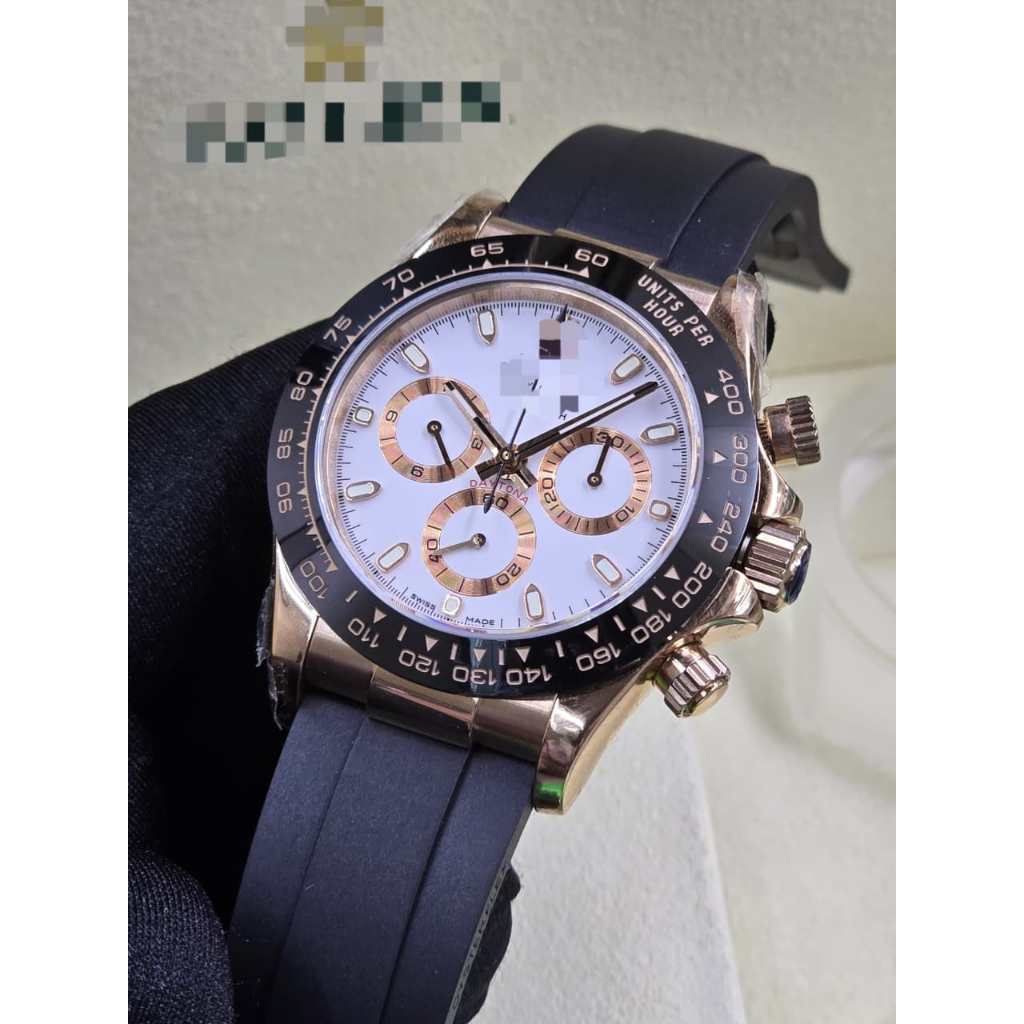 Jam FULL SWISS TIER 5  Cosmograph Daytona 18k Everose gold, ivory dial, black Oysterflex strap 40MM 