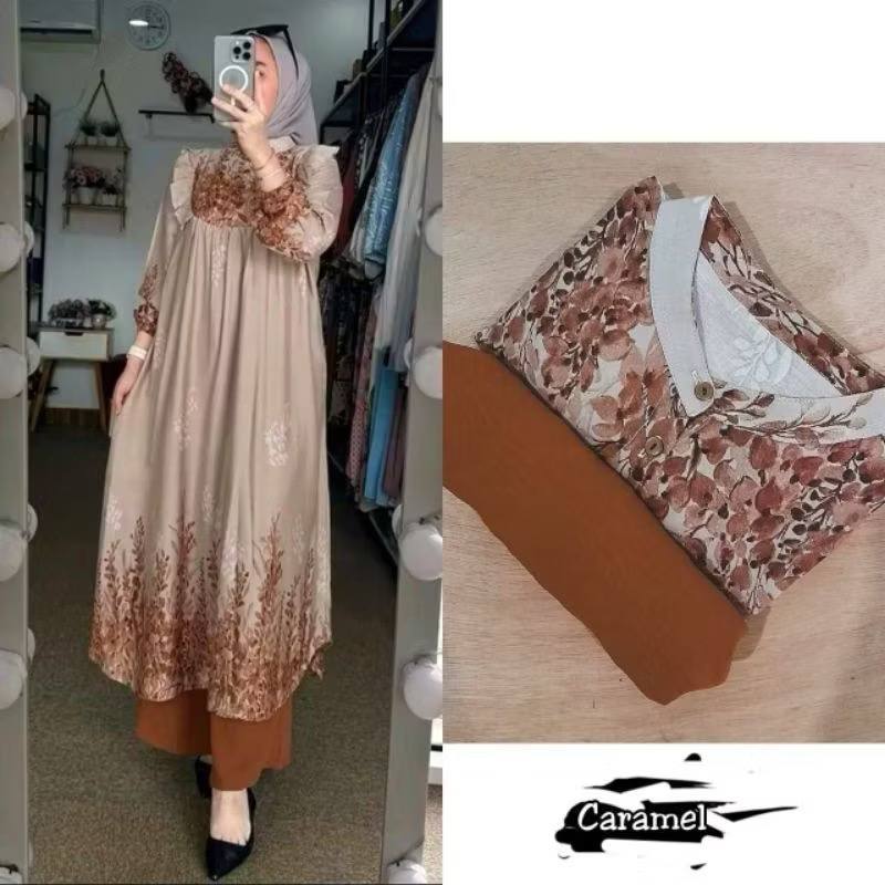 Once One Set Muslimah Tunik Ruffle Rayon Diamond Celana Kulot Crinkle LD 110 Jumbo