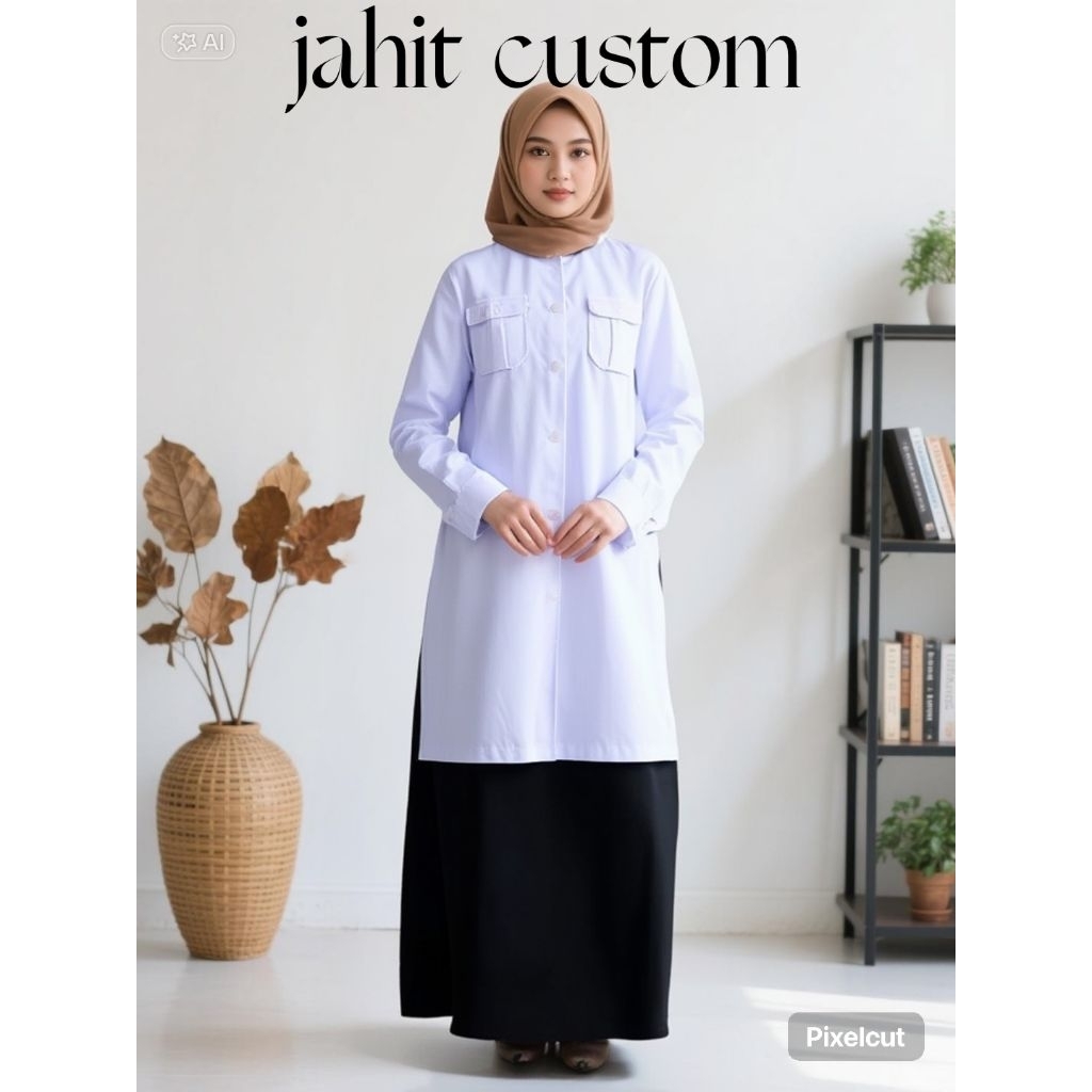 (semi woll) baju dinas pdh putih tunik setelan