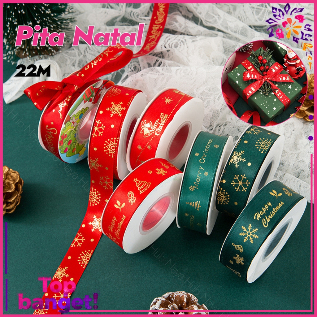 22M Pita Natal kado  DIY  Pita Hiasan Pohon Natal  Barang Pesta Pita Parcel Stempel Emas Untuk Pita 