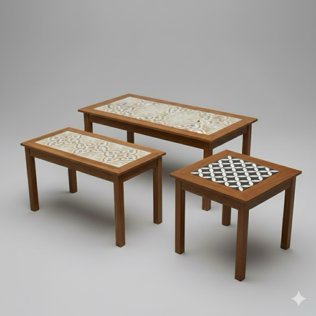 Meja Makan Kayu Jati Granit Motif