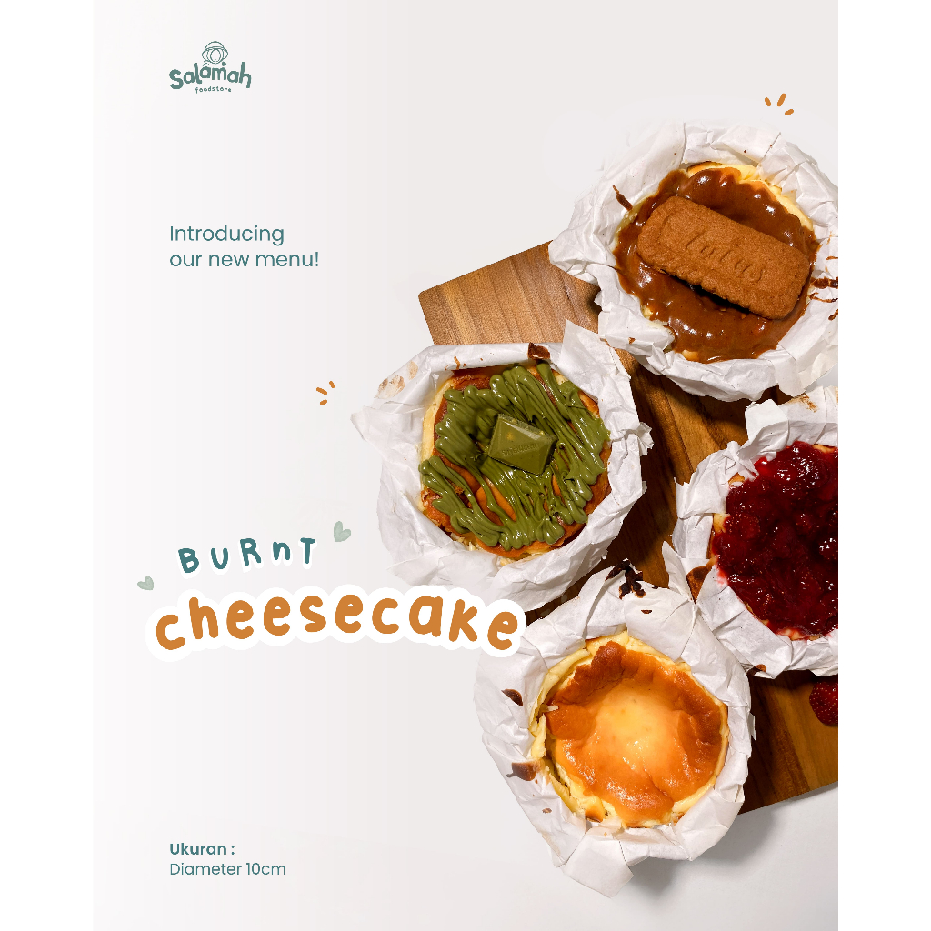 Burnt Cheese Cake Authentic, Burnt Cheese Cake Topping Strawberry, Matcha, Lotus Biscoff
