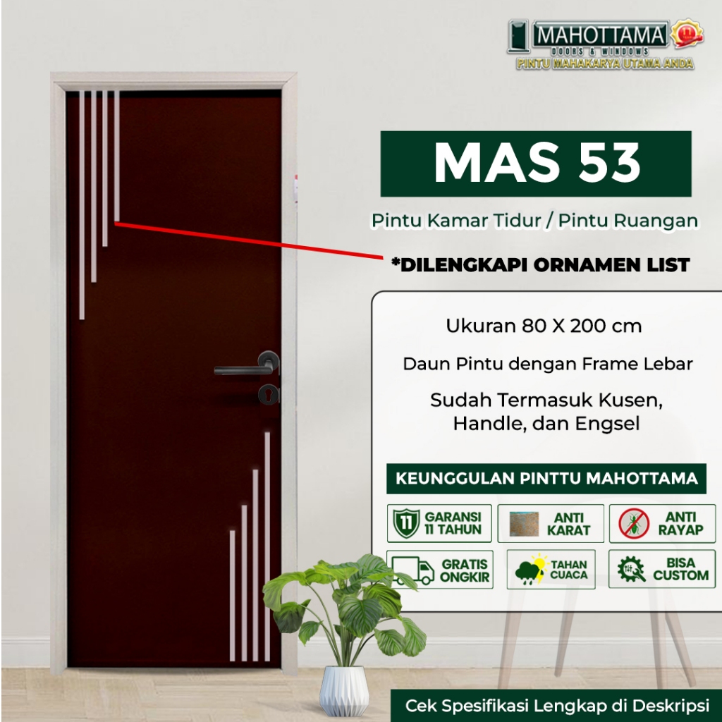 MAHOTTAMA MAS53 - Pintu Aluminium Rumah Utama Kamar Tidur Mandi 80 x 200 Bisa Custom Ukuran Almunium