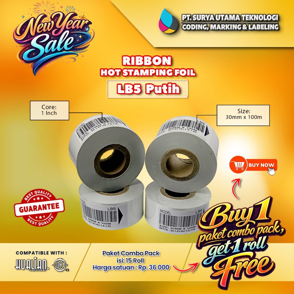 Ribbon Tape Hot Stamping Foil LB5 Putih Ukuran 30mm x 100m  Paket Combo Pita Tinta 15 Roll Free 1 Ro