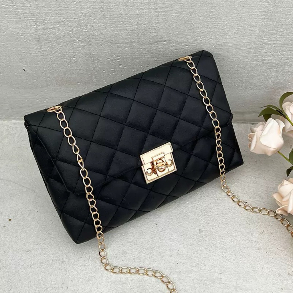 Tas Selempang Wanita Quilted Sling Bag Import High Quality PU Leather Tali Rantai Emas