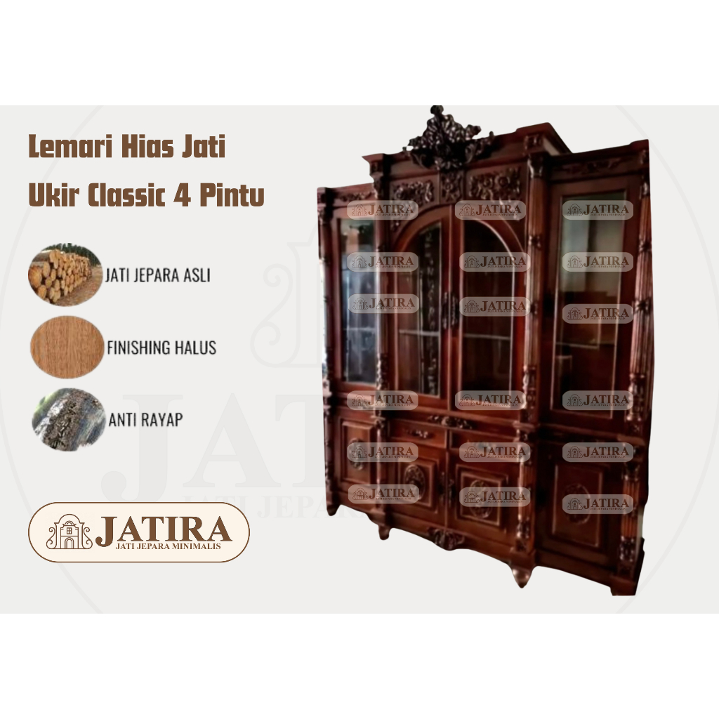 Lemari Hias Jati Ukir Classic 4 Pintu | Lemari Hias Jati Asli Jepara Murah Palembang