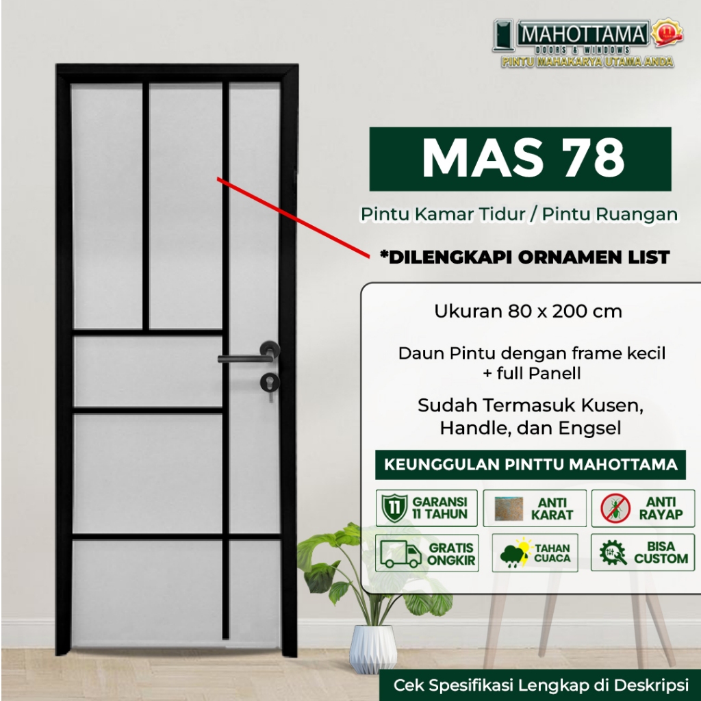 MAHOTTAMA MAS78 - Pintu Aluminium Rumah Utama Kamar Tidur / Mandi 80 x 200 Bisa Custom Ukuran Almuni
