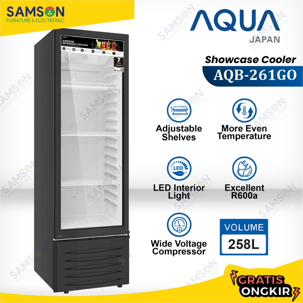 Showcase AQUA Japan AQB-261GO / AQB 261GO Display Cooler 258 L / 258L 1 Pintu ALow Watt Anti Embun