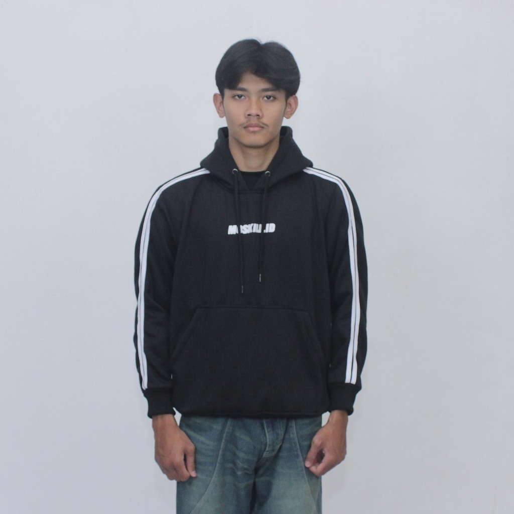 Moskill Hoodie Fleece  Hitam Garis Putih Stripe Bahan Tebal