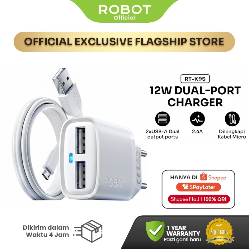 ROBOT Kepala Charger Fast Charging Kabel Micro USB 2.1A Kepala Charger Adaptor Kepala Charger Iphone