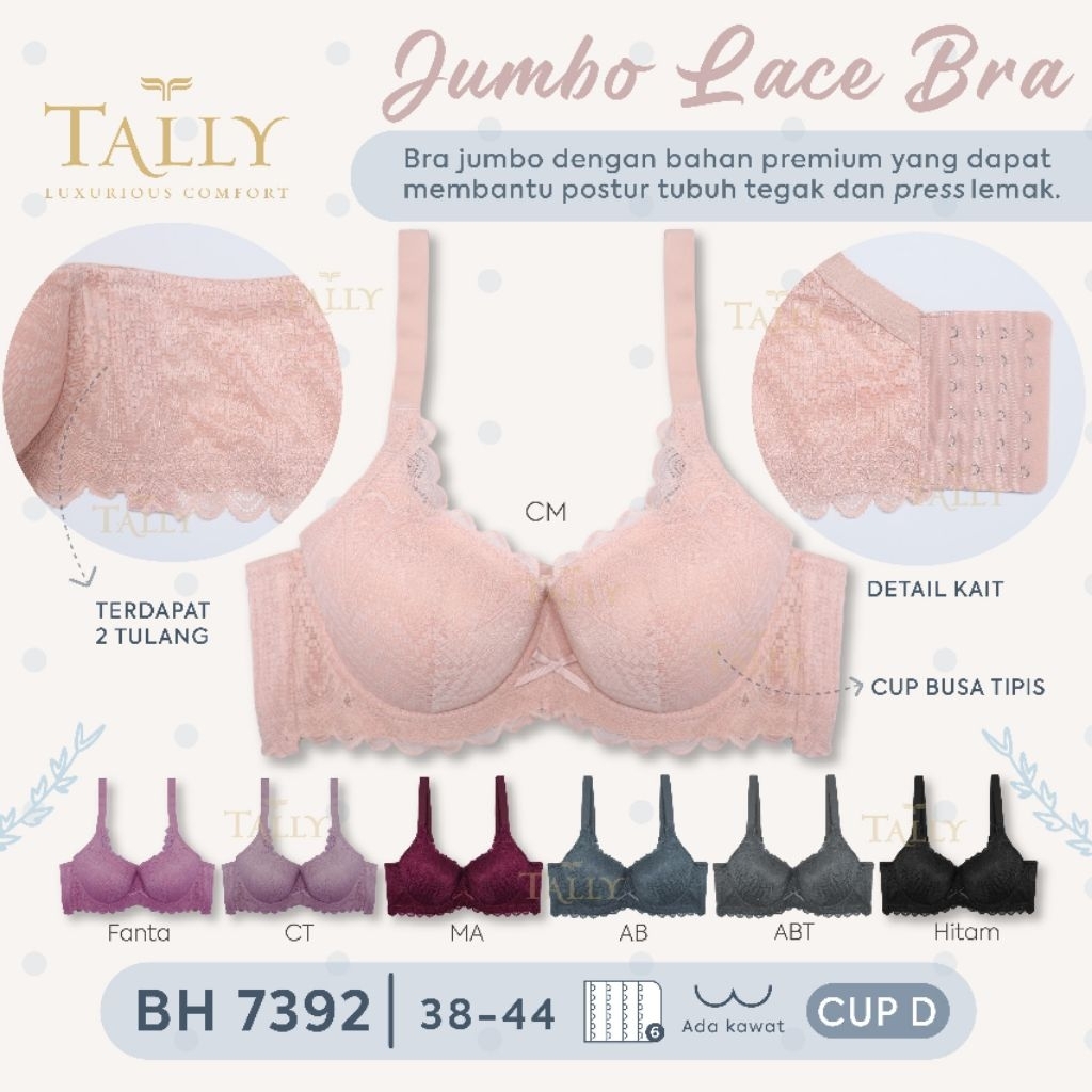 [ZDS] TALLY BH 7393 - CUP D KAWAT KAIT 6 38 40 42 44 DENGAN 2 TULANG BORKAT LACE BRA DALAMAN WANITA 