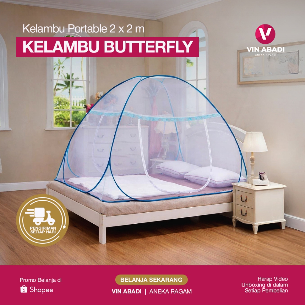Kelambu Butterfly 100% Ori / Tempat Tidur Dewasa Portable 2 Pintu Resleting Bawah Bolong / 200X200