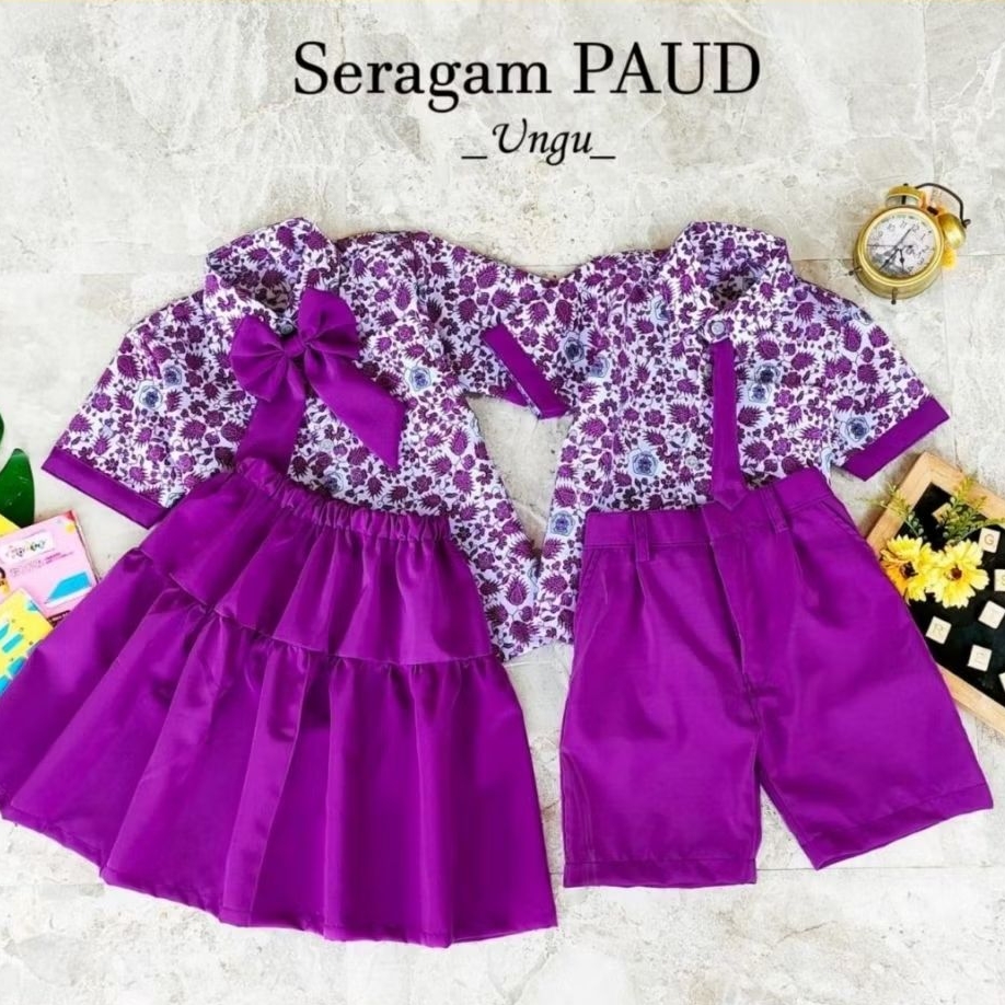Seragam Batik PAUD Anak Warna Ungu | Setelan Seragam Anak 1-10 Tahun