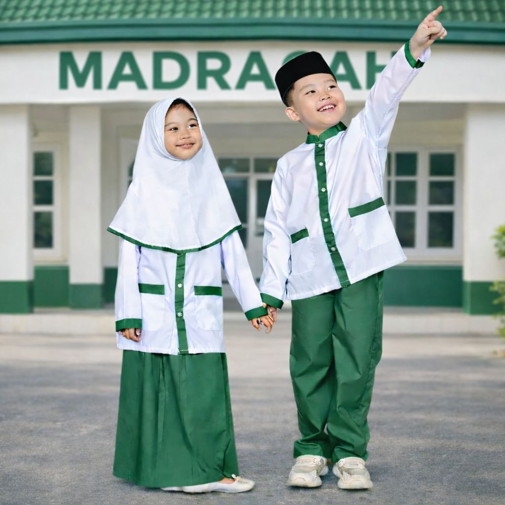 Murah-seragam sekolah Madrasah Dan Tk Paud muslim Perempuan dan laki laki / Gamis sekolah putih hija