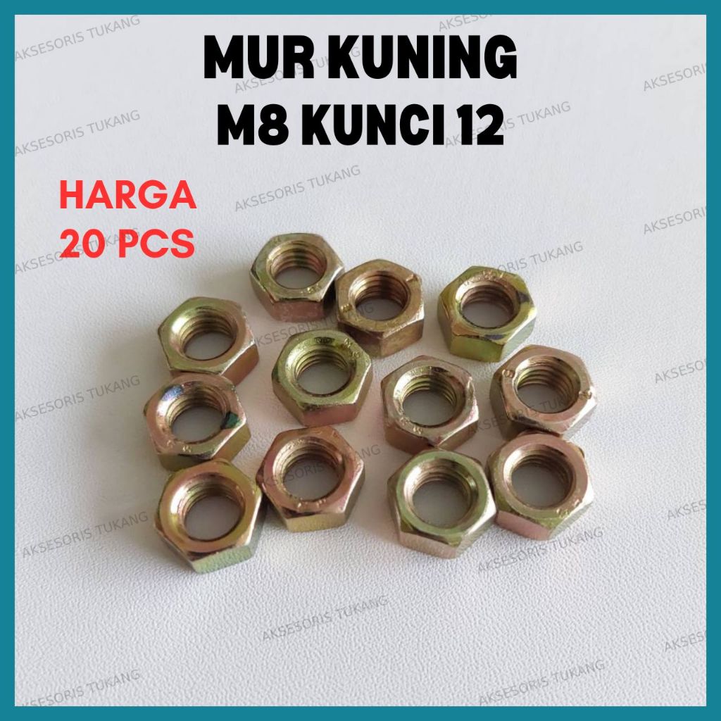 20 PCS Mur Hexagon Kuning M8 / 8mm Kunci 12 Hex Nut Kuning
