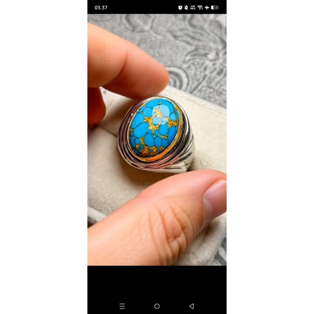 Batu Pirus Persia Asli - Hijau Polkas, Poles Natural, Siap Pakai