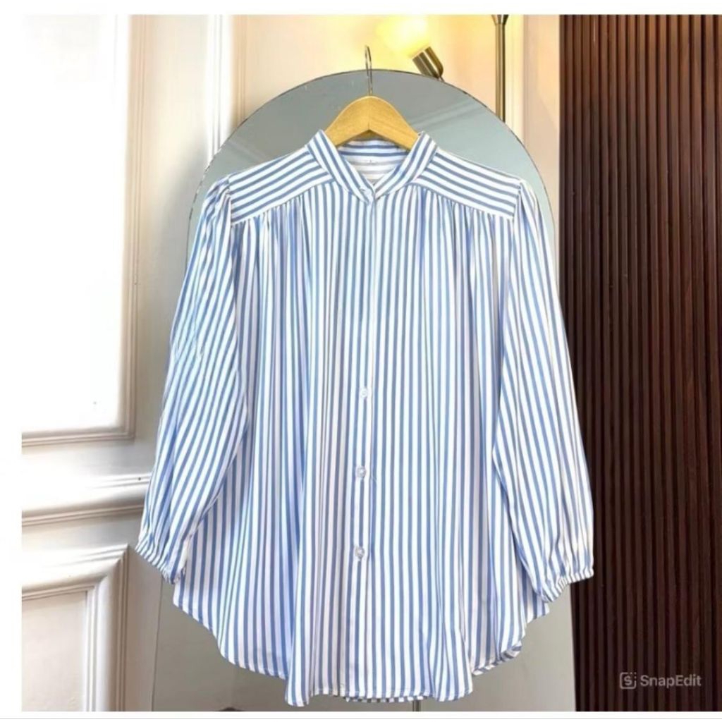 SALUR COTON RAYON Kemeja Wanita Bahan Cotton Crinkle Model Garis - Varian Ukuran RAYON GRATIS ONGKIR