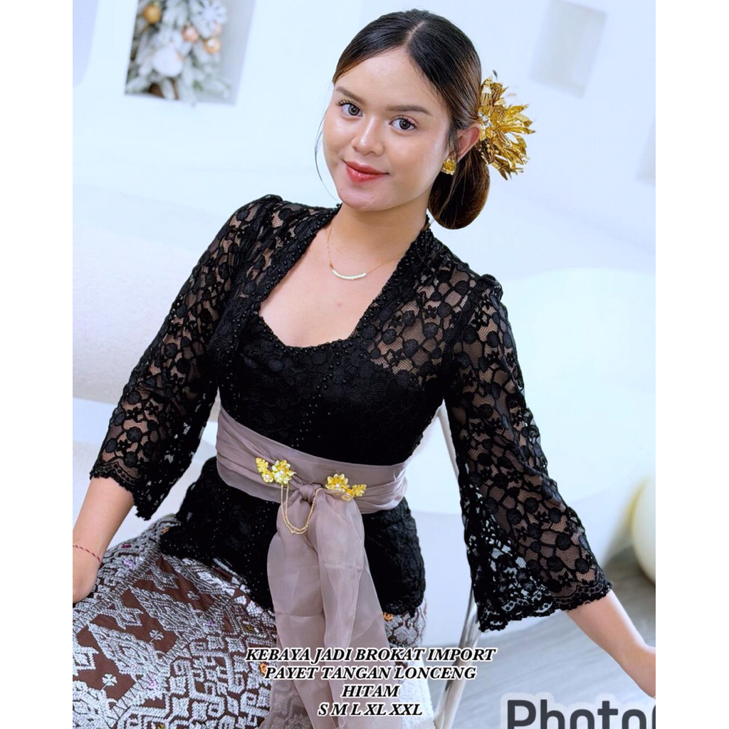 kebaya brokat payet. kebaya bali lengan rumbai lonceng payet hitam