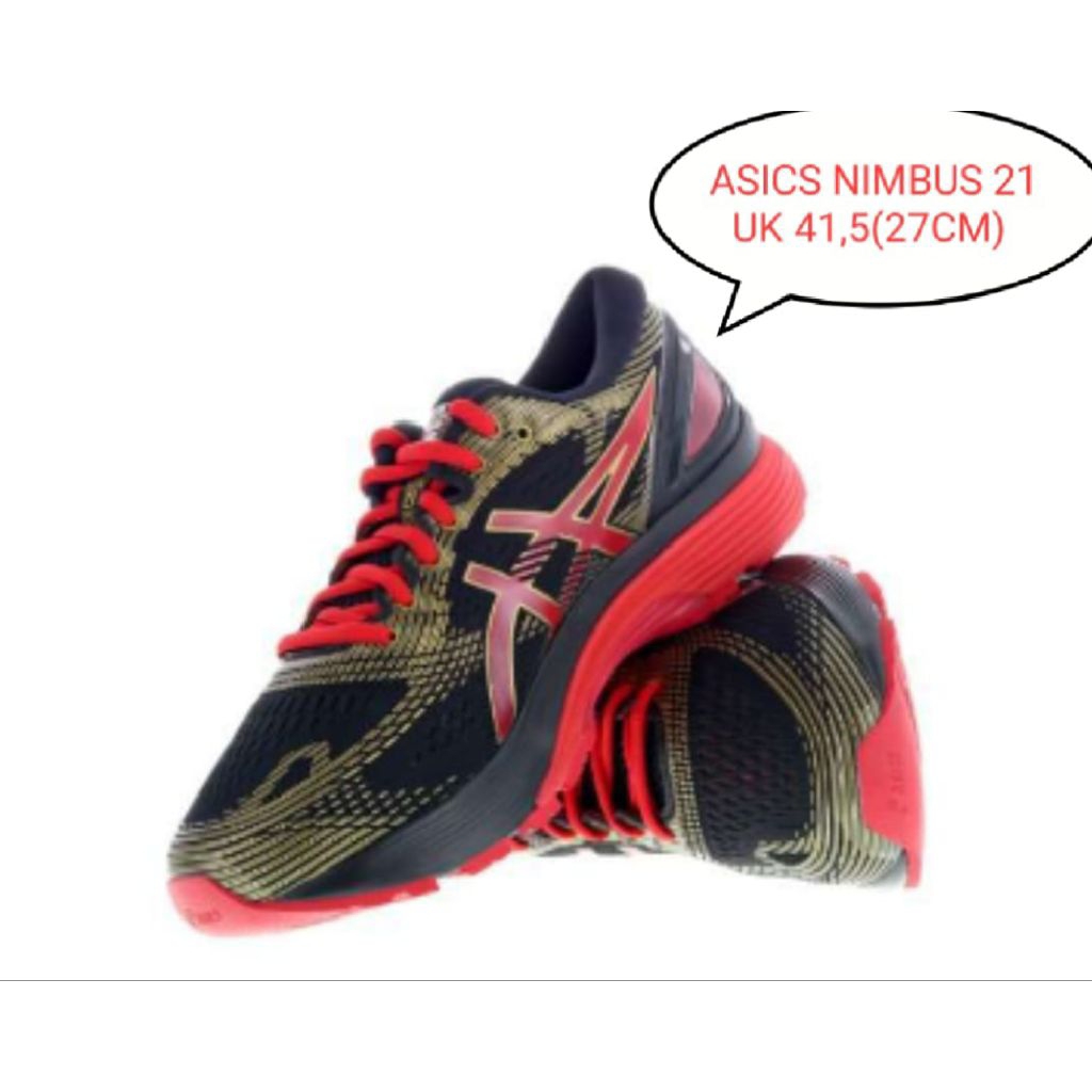 ASICS GEL-NIMBUS 21 Black Classic Red Gold | like new 95% | uk 45 ,(insole 27cm) | made in VIETNAM.