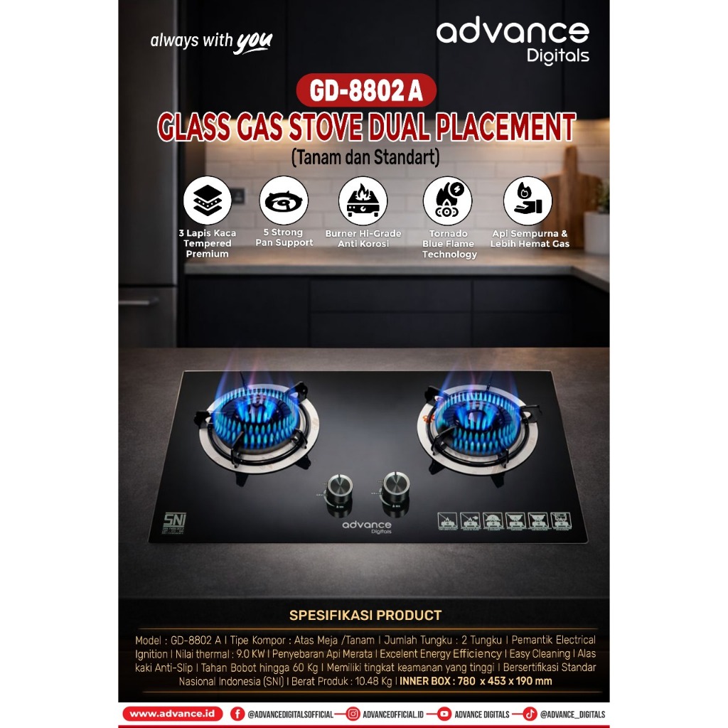KOMPOR GAS TANAM KACA ADVANCE 2 TUNGKU GD-8802A