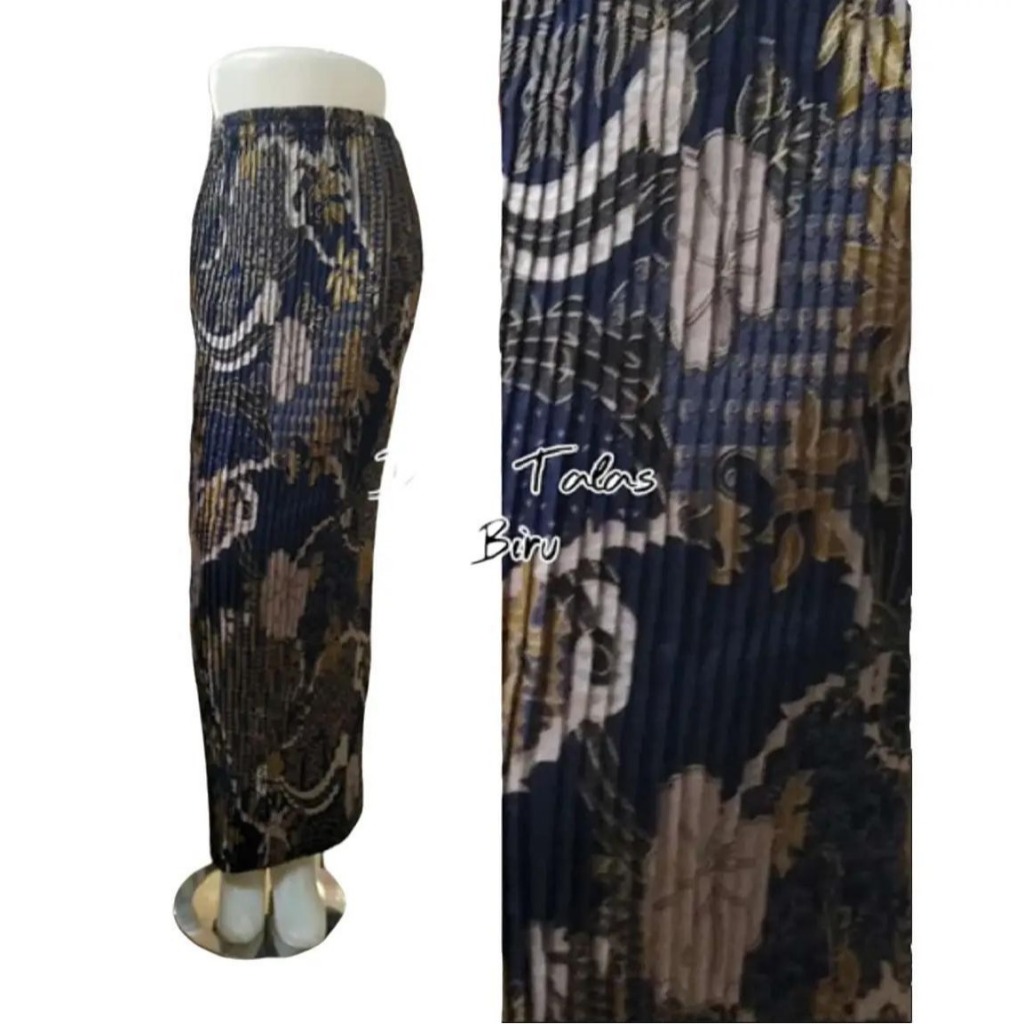 Rok Batik Wanita Model Plisket Motif Daun Talas Biru Bahan Semi Sutra Nyaman dan Elegan