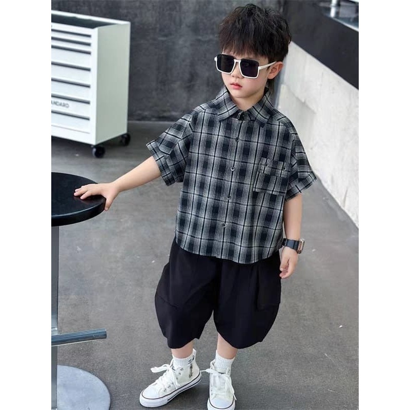 ADRIK BOY SET Baju Anak Laki laki Setelan Casual Atasan Kemeja Tartan Lengan Pendek Celana Pendek Tr