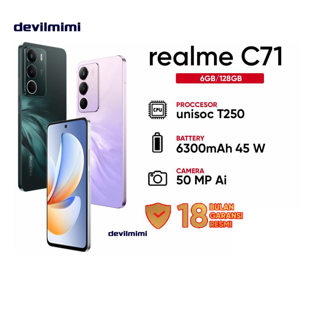 devilmimi realme C71 Baru Dynamic ram 6GB+12GB / 128GB Military Grade Shock Resistance Garansi resmi