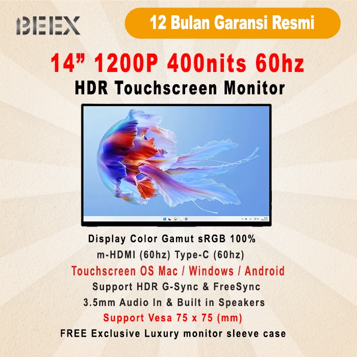 Portable Monitor BeeX 14" Full HD Portable Gaming Monitor Cable PS4 Nintendo Switch