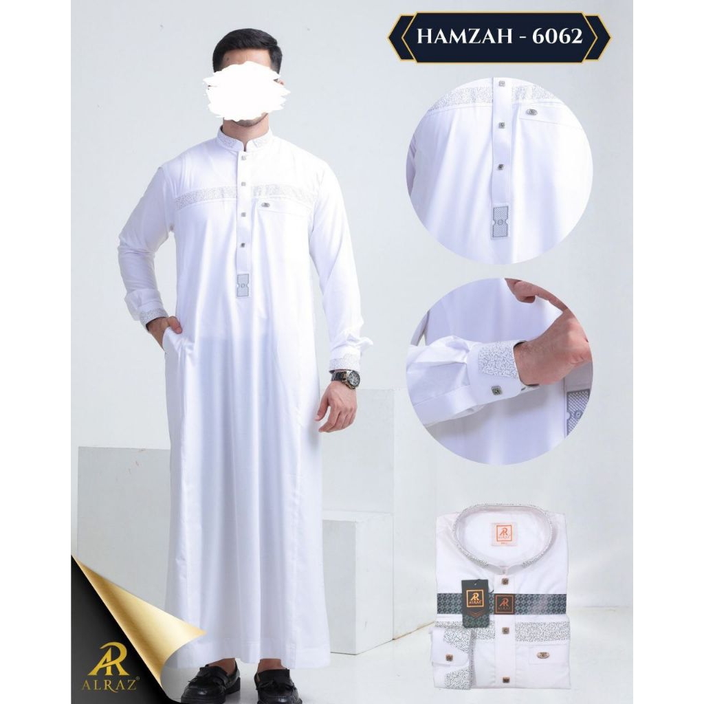 ALRAZ JUBAH KATUN DESAIN HAMZAH PREMIUM MANSET PUTIH KERAH SHANGHAI GAMIS PRIA