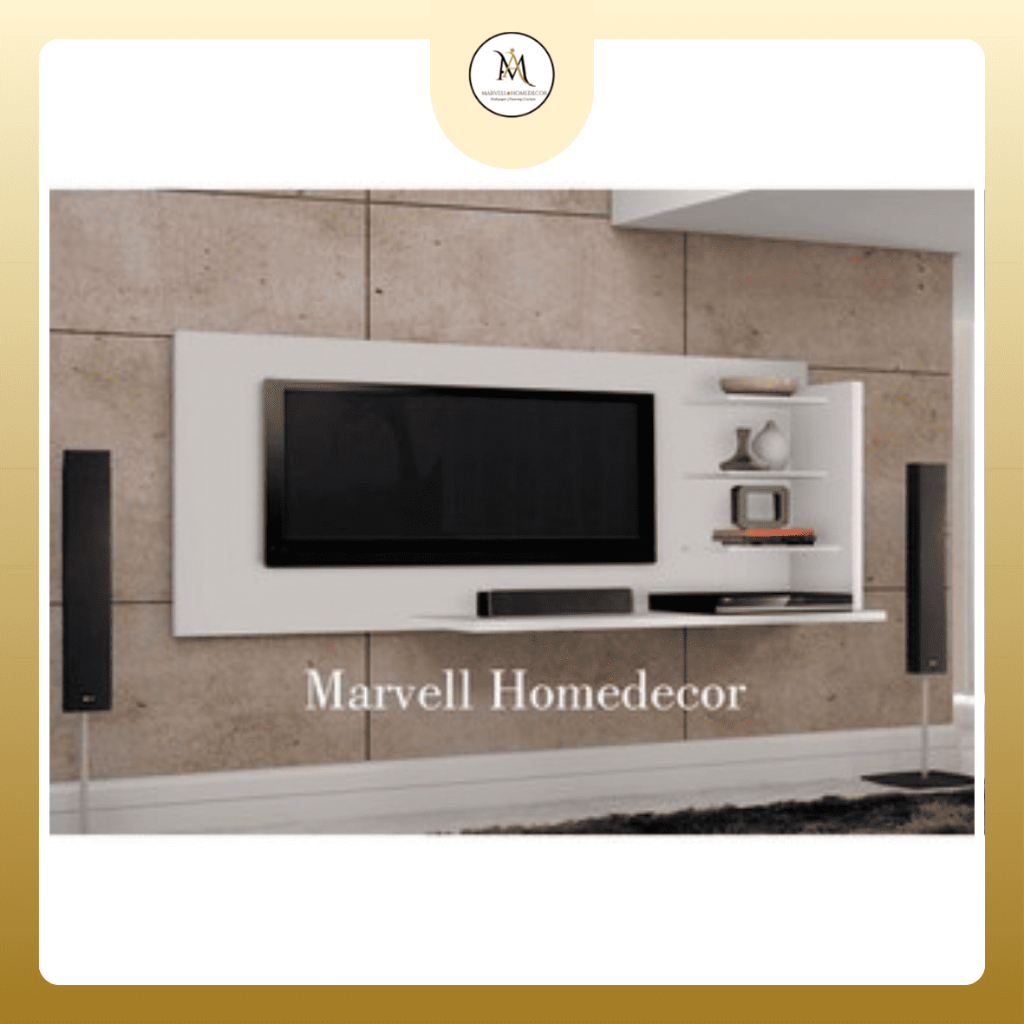 Backdrop TV Putih Minimalis + Meja Gantung,Floating Desk Elegan Murah