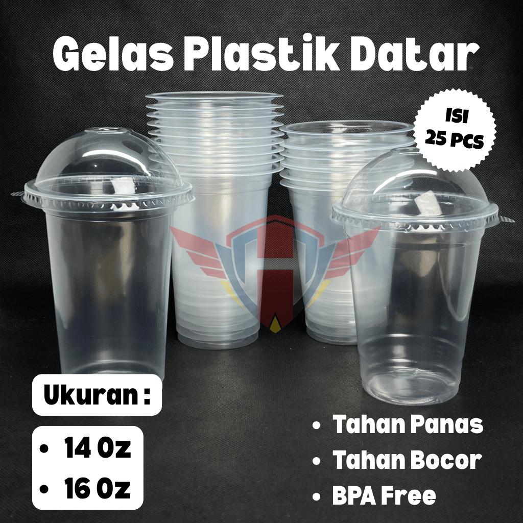 50pcs GELAS PLASTIK DATAR UKURAN 14oz 16oz AQUA / GELAS KOPI / GELAS TAHAN PANAS