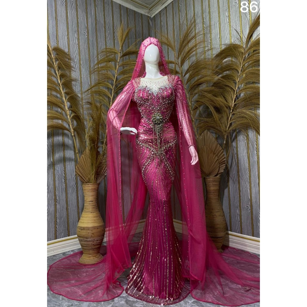 gaun pengantin pink fuccia mewah/gaun pengantin murah