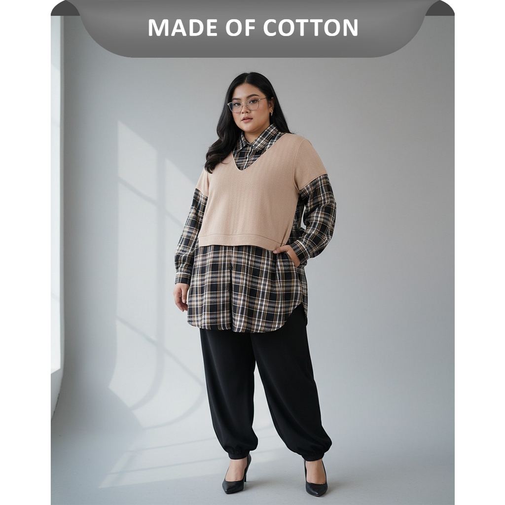 Bigissimo  In Cotton - Gwynet Tunik Dress | Atasan Wanita Flanel Midi Tunik Dress Big Size Jumbo