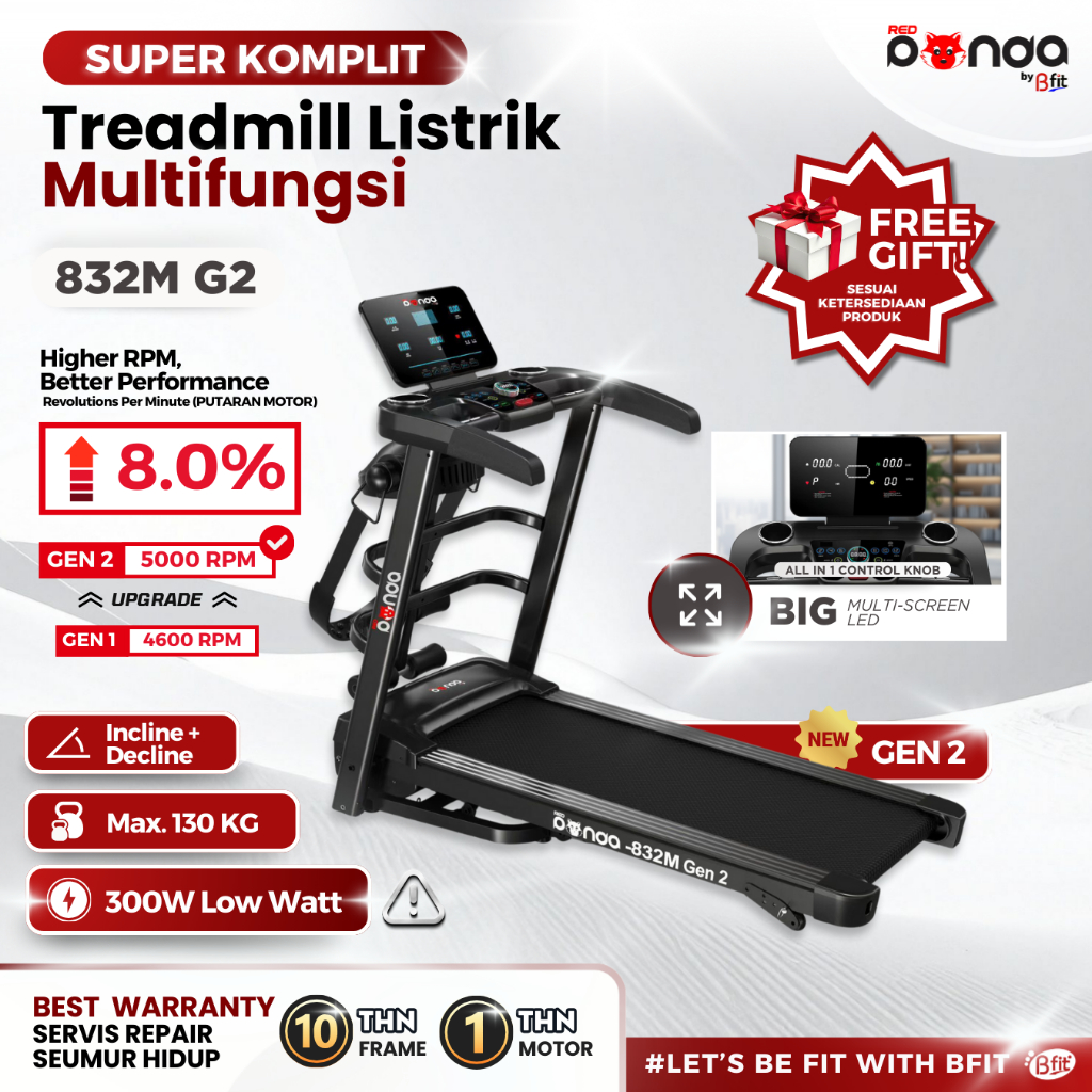 (SEMARANG) Treadmill Elektrik REDPANDA 832M Multifungsi Murah Listrik Lipat Portable Low Watt
