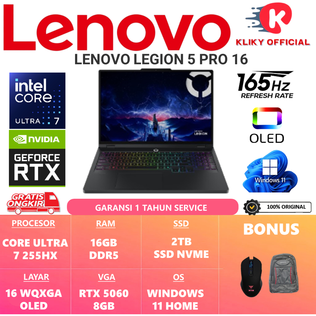 Laptop Gaming LENOVO LEGION 5 PRO 16 INTEL ULTRA 7 255HX RAM 16GB DDR5 2TB RTX5060-8GB 16.0 WQXGA