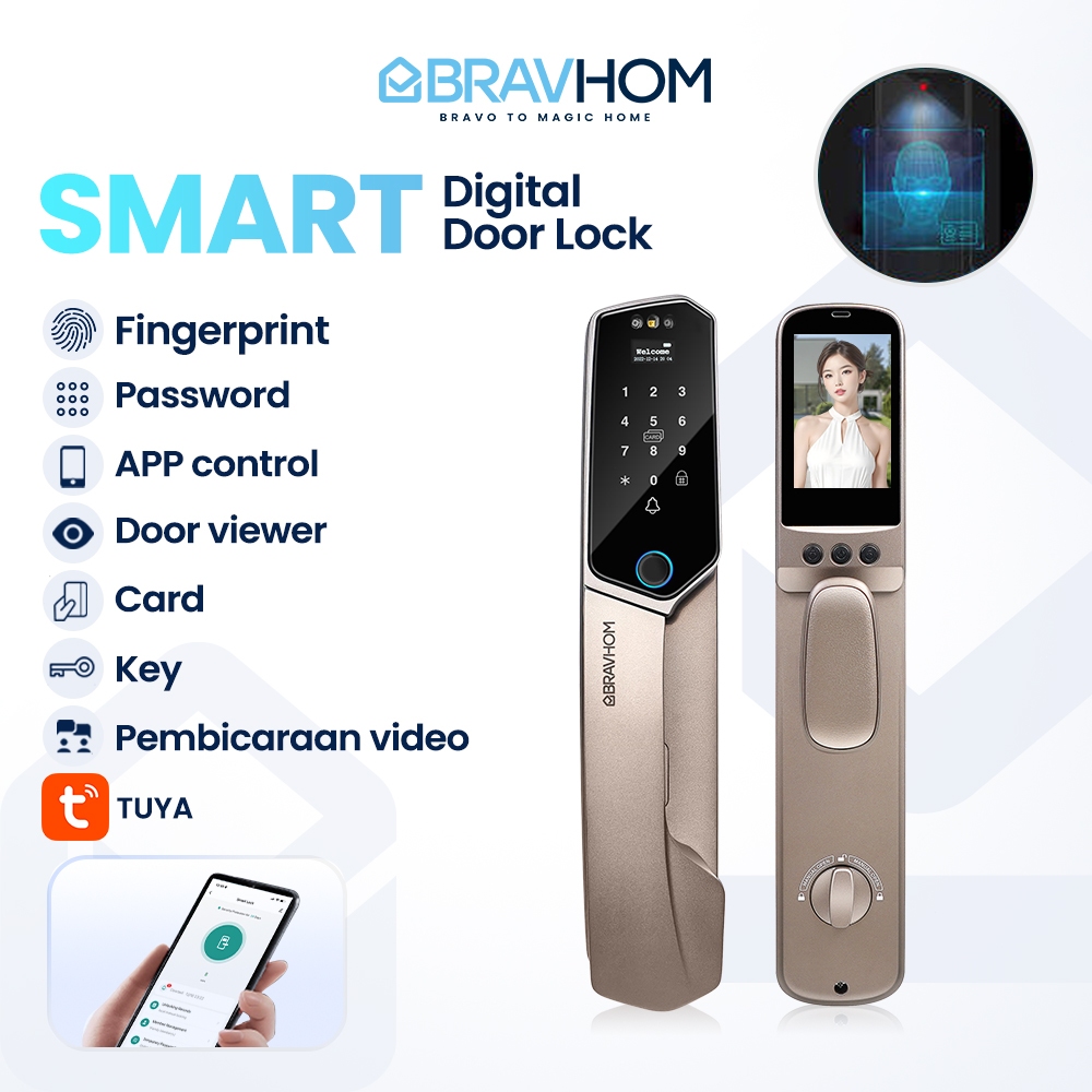 BRAVHOM Kunci pintu digital kunci pintar Smart Door automatic dengan TUYA Kontrol kunci digital kunc