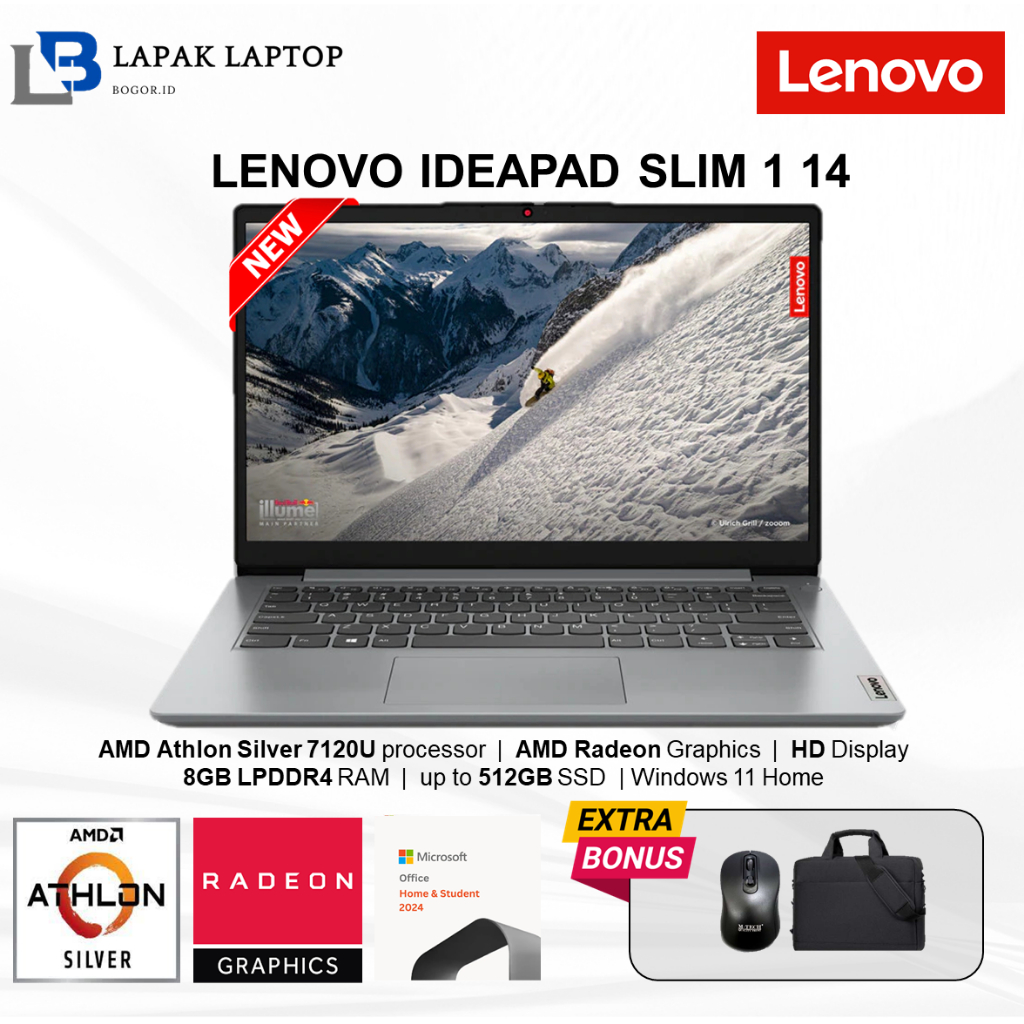 Lenovo Ideapad Slim 1 AMD Athlon Silver 7120U RAM 8GB 512GB SSD Windows11+ OHS