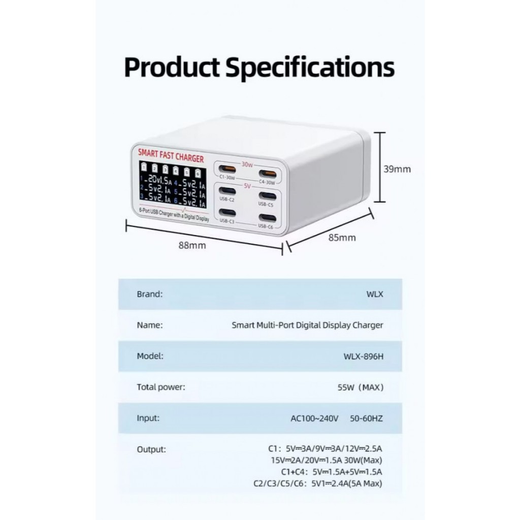 WLX WLX-896H Portable Smart Multi Port Digital Display Charger Usb Fast Charging Station 8 Ports Pd 