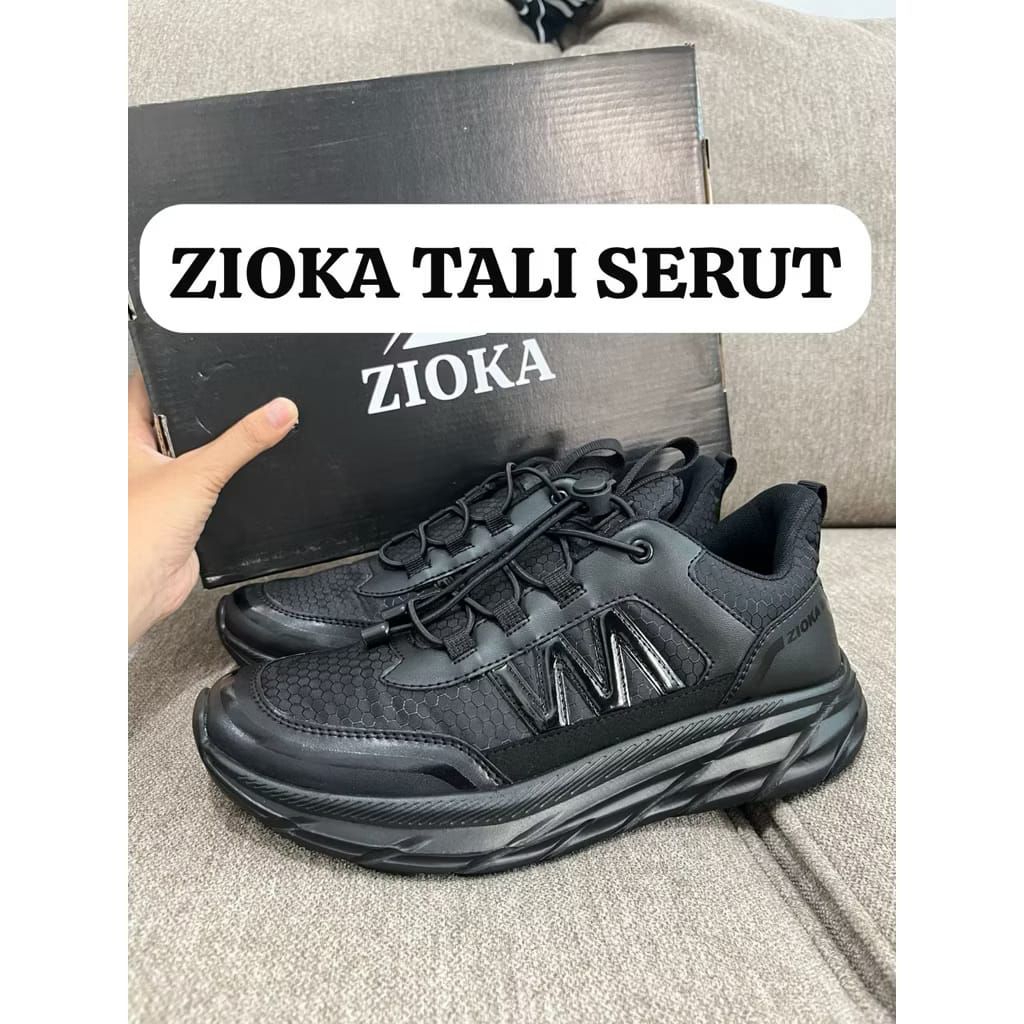 sepatu zioka tali serut dan tali putar full black sepatu running