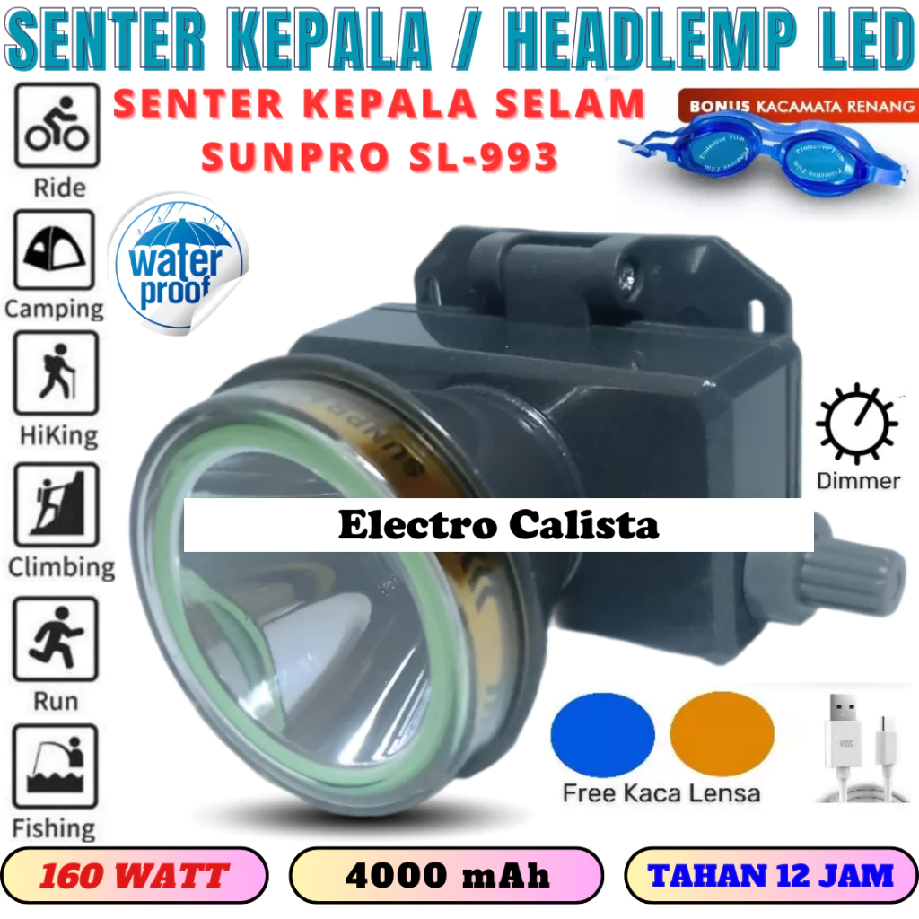 Senter Kepala LED 160 Watt Sunpro SL-993 Dimmer Putaran Baterai 4000 mAh Water Resistant