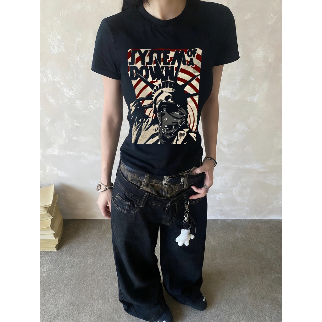 Baju Wanita Amerika Crop Top Kerah Bulat Pendek Bahan Katun Tinggi Kualitas Cetakan Patung Liberty B