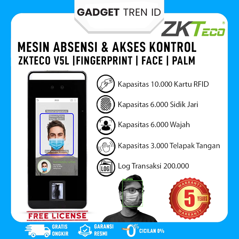 Mesin Absensi Wajah ZKTECO V5L | Mesin Absen dan Akses Kontrol V5L Bergaransi