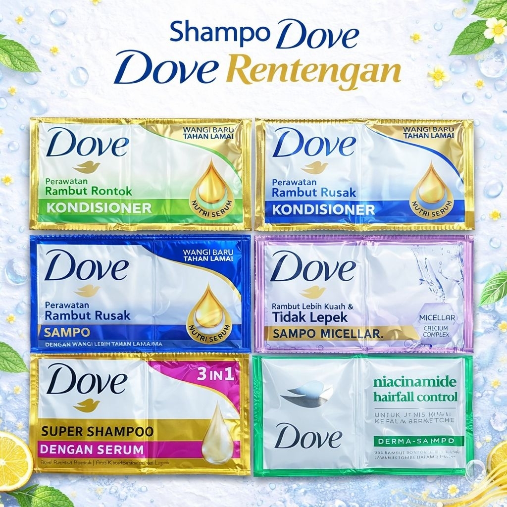 Shampo Sachet Dove 1 Renteng Isi 12 Sachet - Sampo Anti Ketombe, Rambut Rontok, Rambut rusak, untuk 