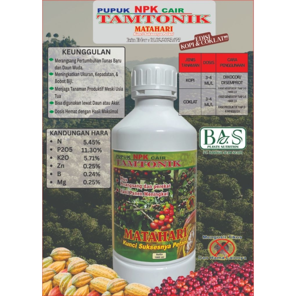 TAMTONIK MATAHARI Pupuk NPK Cair 1 Liter - Nutrisi Kopi Coklat & Hortikultura