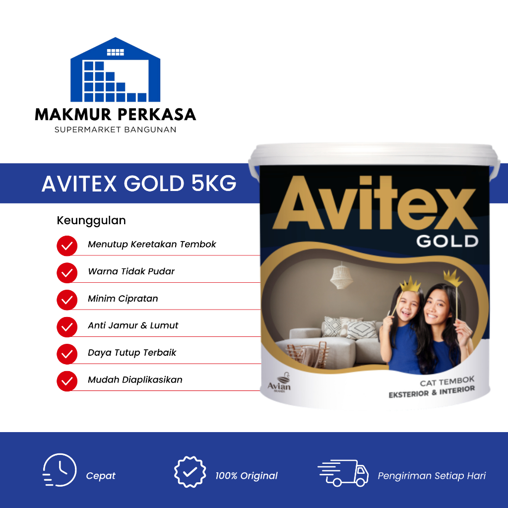 Avitex Gold Cat Tembok Interior Exterior 5Kg - Melindungi Dinding, Tahan Air, Tahan Lama - Avitex Go
